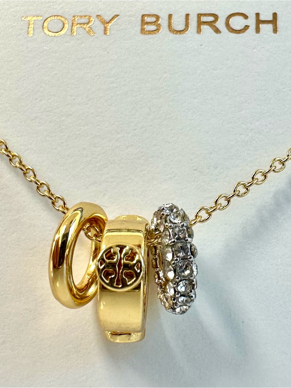 New Tory Burch Gold Tone Icon Pavé Logo Pendant Necklace in Gold on Earring Card